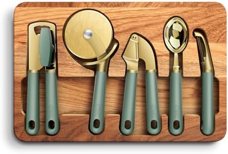 COOK WITH COLOR 6-Piece Kitchen Tool Set with Acacia Wood Cutting Board, Can Opener, Pizza Cutter, Garlic Press, Scoop & Peeler, Sage by CookwithColor