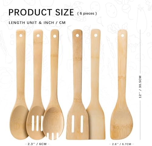 Wooden Spoons for Cooking, 6-Piece Bamboo Cooking Utensil Set - Image 2