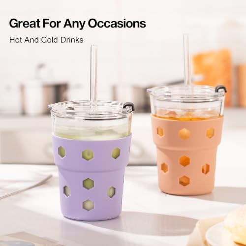 Mrsdry 12oz Iced Coffee Cup with Lids and Straws, BPA Free Reusable Glass Coffee Cups with Silicone Sleeves for Coffee, Iced tea, Thick Wall Glass Cup - Image 6