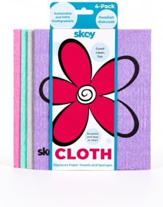 Skoy Cloth, 4-pack Versatile Swedish Dishcloths for Kitchen and Household Use, Reusable Cleaning Cloths, Planet-Friendly, Dishwasher and Dryer-Safe, Assorted Colors by Skoy