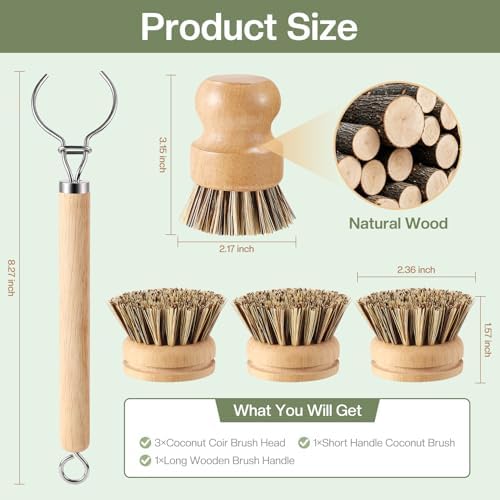5 Pcs Bamboo Wood Dish Brush Set Includes 1 Wooden Handle with 3 Natural Replaceable Bristle Heads and 1 Handheld Bamboo Wok Brush Scrubber for Dishes Pans Pots Fruit and Veggie Washing(Style C) - Image 2