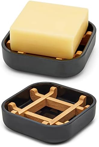 Bamboo Soap Dishes for Bar Soap Holders for Shower for Bathroom Sink Bulk Small Wooden Soap Tray Jabonera Pretty Neat Ventilated Soap Dish Disj Disk, Detachable (Single Rounded Black) by Fufengz