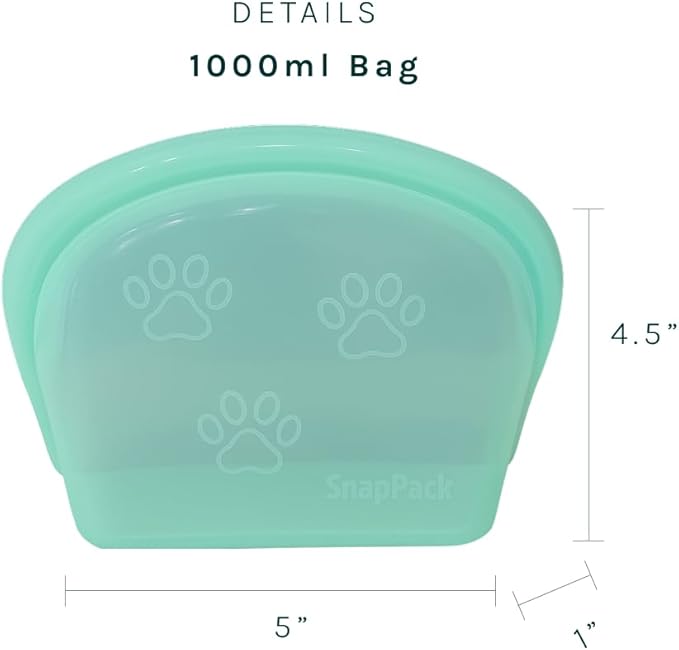 SnapPack Premium Silicone Reusable Pet Storage Stand-Up Bags, Pet Duo Set, Microwave, Dishwasher, Oven and Freezer Safe, BPA Free, Leak-free, and Eco-friendly (Single - Teal 1000ml)