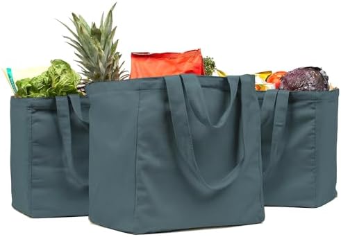 VeraMia Canvas Grocery Bag 3pc XL Set with Real Pockets, Long Shoulder Strap and Short Handle. Heavy Duty, Foldable, Washable by VeraMia