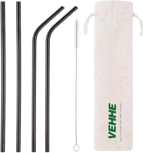 VEHHE Black Metal Straws, Stainless Steel Reusable Straws Set with Brush by VEHHE