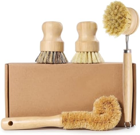 Wooden Dish Brush, 4-Piece Dish Brush Set, Natural Fiber Brushes With Wooden Handles, Non-scratch Coconut Palm & Sisal Bristles For Kitchen Cleaning, Natural Fiber by Unknown