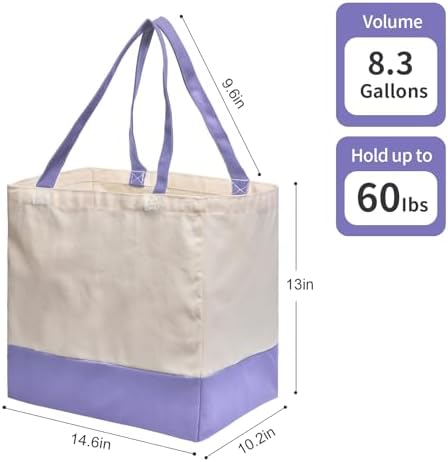 Reusable Grocery Bags Heavy Duty, 8.3 gal Foldable Large Canvas Tote Bag with Handles, Holds 60 lbs Canvas Shopping Bags, 1 Pack（Off White+Light purple） - Image 4