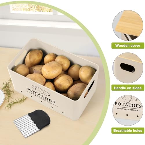 Kitchen Vegetable Storage Set of 3, Metal Onion Garlic Potato Storage Set, Kitchen Canisters Vegetable Keeper Containers with Aerating Holes and Bamboo Lid，Beige - Image 4