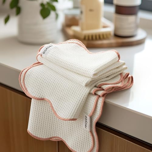RECYCO Waffle Kitchen Towel Set of 2 - Quick Dry Microfiber Sustainable Dish Towels - Ultra Absorbent Reusable Cleaning Tea Towels - Lightweight Hand Towels,16”x 28”, Coral Pink by RECYCOHOMECOLLECTION