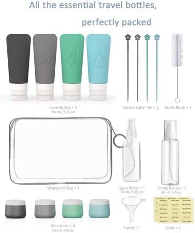 20-Piece Silicone Travel Bottles Set – TSA Approved Leakproof Toiletry Kit with Flat Easy-Squeeze Bottles, Tactile Icons, Cream Jars, Pump & Spray, Cleaning Brush - Image 2