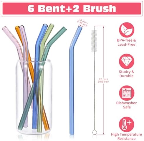 6 Pcs Reusable Bent Glass Drinking Straws,9''x10 mm Colorful Glass Straws for Beverages, Shakes, Milk Tea, Juices,Set of 6 Bent with 2 Cleaning Brushes -Shatter Resistant - Image 2