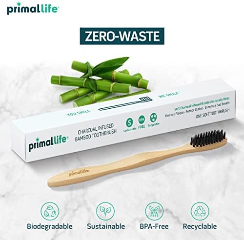 Primal Life Organics - Charcoal Toothbrush, Made with Charcoal & Bamboo, Biodegradable, BPA-Free, Perfect for Kids & Adults, Recyclable, Gently Massages Gums & Teeth, Zero Waste Toothbrush, (2-Pack) - Image 4