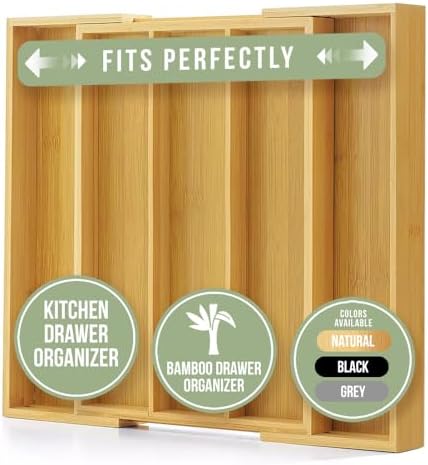 Purawood Kitchen Drawer Organizer - Expandable Utensil Drawer Organizer for Kitchen, Cutlery Tray & Silverware Organizer, 3-5 Slots - Bamboo Organizer for Utensils & Flatware (Natural) - Image 2