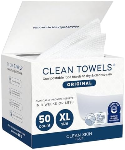 Clean Skin Club Clean Towels XL®, 100% USDA Biobased Face Towel, Disposable Face Towelette, Eczema Association Accepted, Makeup Remover Dry Wipes, Ultra Soft, 1 Pack, 50 Ct by CLEANSKINCLUB
