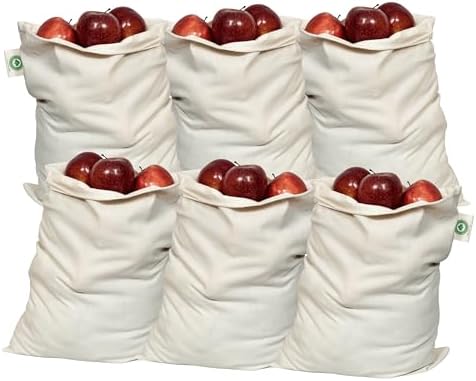 Food Grade Bulk Storage Bags - 6 Pack, XL Size, 100% Organic Cotton Drawstring Closure - Reusable, Washable, All-Natural Muslin Produce Flour Sack Cloth Bags for Grains (6 X-Large” 14”x18”) by OrganicCottonMart