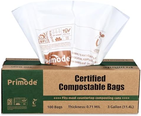 Compostable Bags, 3 Gallon Food Scraps Yard Waste Bags, 100 Count, Extra Thick 0.71 Mil. ASTMD6400 Compost Bags Small Kitchen Trash Bags, Certified By BPI And TÜV AUSTRIA by Primode