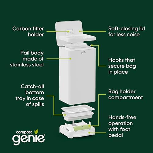 Compost Genie Kitchen Compost Bin, White Stainless-Steel Large, 3.6 Gallon, Indoor Odorless Composting, Hands-Free, Washable Parts, Includes 8 Tear-Off Compostable Bags and 4 Carbon Filters - Image 5