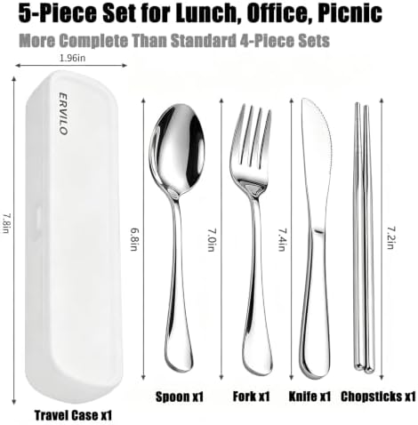 Travel Utensils with Case, Stainless Steel Portable Cutlery Set, Lunch Box Silverware for Work Camping Picnic, Reinforced Case with Snap-Lock Closure, Include Fork Spoon Knife Chopsticks, Silver - Image 3