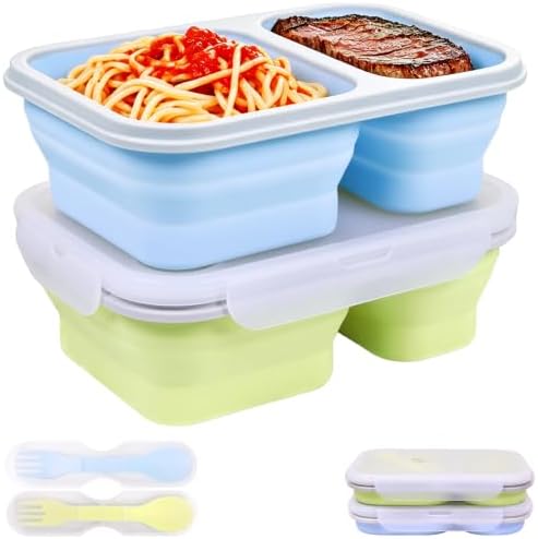 2 Pack Collapsible Silicone Lunch Box Set, 2 Compartments Bento Boxes with Lids, Food Storage Containers for Meal Prep, Office, Travel, Camping, BPA Free(Blue+Green) by Unknown