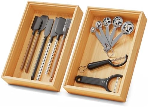 Bamboo Kitchen Drawer Organizer Boxes 9" x 6" Stackable Wooden Organizers by LOCHANTIE
