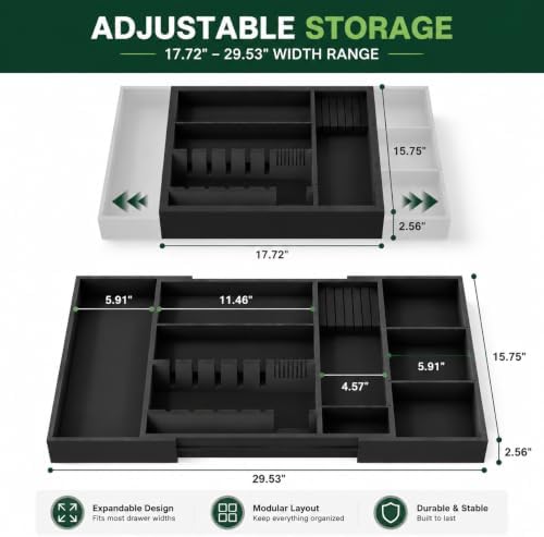 Bamboo Expandable Kitchen Drawer Organizer, 17.7-29.5 in,Black - Image 2