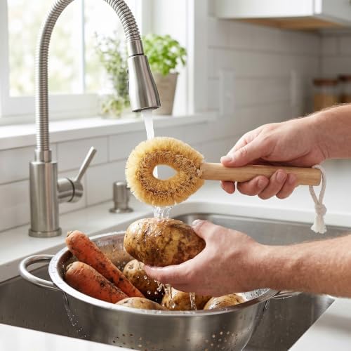 Tawashi Coir Dish Brush - Long Wooden Handle, Open Ring - Image 4
