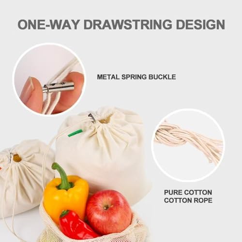 3 Reusable Mesh Produce Bags &3 Organic Cotton Muslin Bags with Spring-Lock Closure Zero Waste Kit for Grocery Shopping, Vegetable, Fruit Storage, Bulk Food, Travel - Image 6