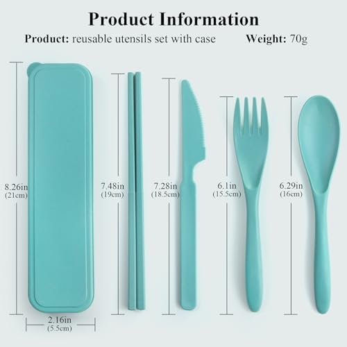 DISSKNIC Green Travel Utensils with Case, Reusable Utensil Sets for Lunch Box, Chopsticks Reusable Plastic Utensils Lunch Box Accessories for Adults,Portable Utensils Set with Case,Camping Accessories - Image 2
