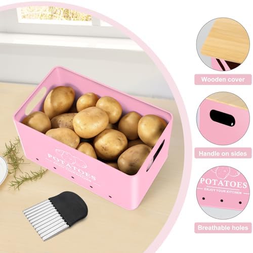 Kitchen Vegetable Storage Set of 3, Metal Onion Garlic Potato Storage Set, Kitchen Canisters Vegetable Keeper Containers with Aerating Holes and Bamboo Lid,Pink - Image 3