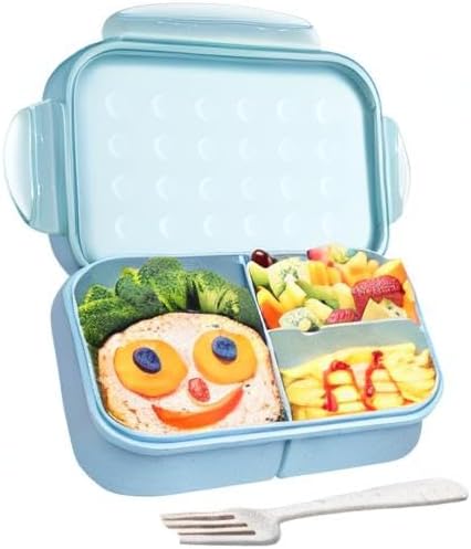 Wheat Straw Lunch Box - Leakproof Bento Box for Kids & Adults, BPA-Free 3-Compartment Food Containers, Microwave & Dishwasher Safe (Blue, 5.5 Cup)