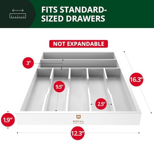 ROYAL CRAFT WOOD Luxury Bamboo Kitchen Drawer Organizer - Silverware Organizer - Utensil Holder and Cutlery Tray with Grooved Drawer Dividers for Flatware and Kitchen Utensils (7 Slot, White) - Image 2