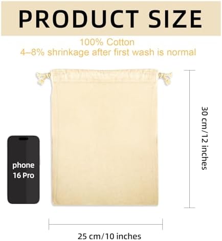 OKBA 12 Pack Cotton Muslin Drawstring Bags – Reusable Cloth Bags for Storage, Produce & Bread Storage, Gift Packaging, DIY Crafts, Eco-Friendly & Lightweight (10x12 inch) - Image 2
