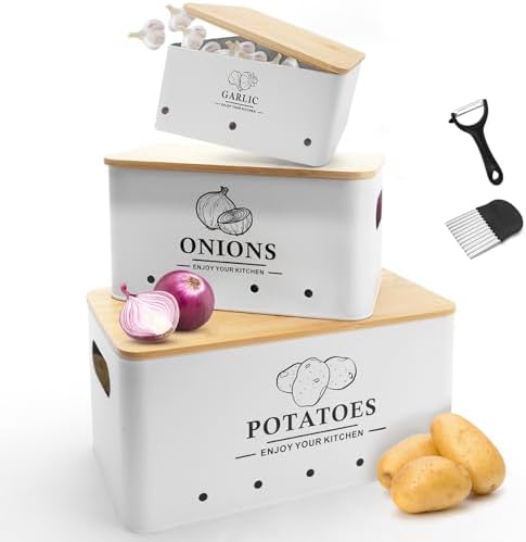 Kitchen Vegetable Storage Set of 3, Metal Onion Garlic Potato Storage Set, Kitchen Canisters Vegetable Keeper Containers with Aerating Holes and Bamboo Lid,White by Dekosilave