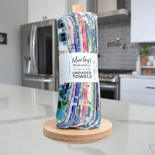 Marley's Monsters UNpaper® Towels + Holder - 24 Reusable 12x10in Cotton Flannel Cloths with 6in Wood Base & Dowel - Machine Washable, Sustainable for Kitchen Cleaning, Spills & Chores - Image 4