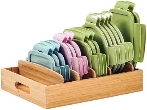 Umilife Large Bamboo Food Container Lid Organizer for Kitchen Cabinet by Umilife