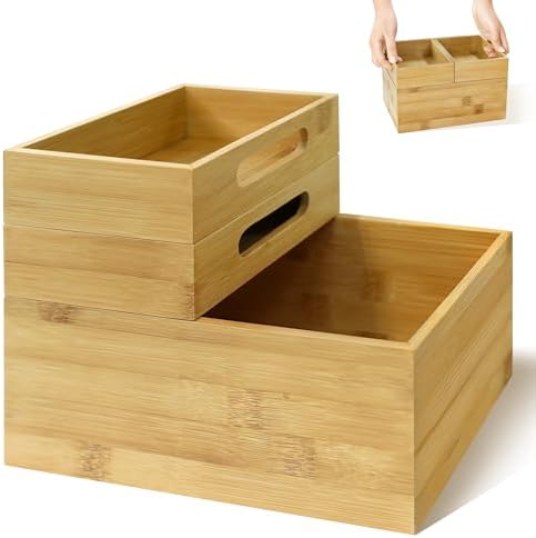 HOMESTEAD 3-Piece Stackable Bamboo Storage Box, Large Storage Bin, Wooden Boxes for Makeup Drawer Organizer Bathroom, Office Supplies, Kitchen Utensils, Bamboo Storage Containers (Medium) by Homestead