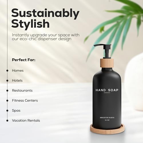 Black Glass Hand Soap Dispenser Bathroom Set by Brighter Barns - Bathroom Soap Dispenser Set with Tray - Glass Pump Bottle - Luxury Bathroom Accessories for Hotel, Vacation Rental, Restaurants (Black) - Image 2