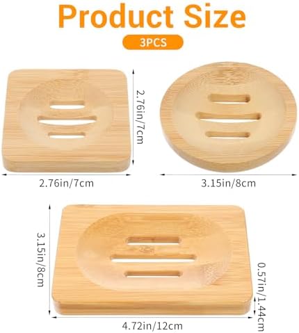 3PCS Bamboo Soap Holder Wooden Soap Dishes for Bathroom, Natural Soaps Dish Self-Draining Bar Soaps Holder Set (Round, Square, Rectangle) for Shower, Sink, Bathtub, and Home Accessories - Image 2