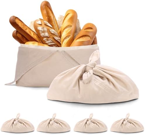 4 Pack Beeswax Bread Bags, Striped Linen Bento Bags, 14" Cotton Loaf Bag, Reusable Organic Food Storage, Sourdough Bag, Rustic Farmhouse Azuma Bukuro Origami Wrap for Baked Gifts (Natural Color, 4) by yeload