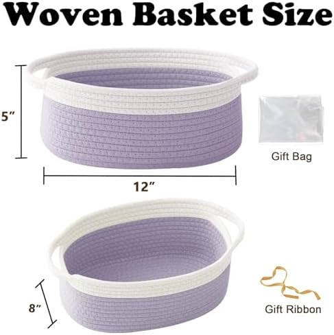 Woven Rope Basket-Baby Gift Basket with Bag & Ribbon, White&Purple - Image 2