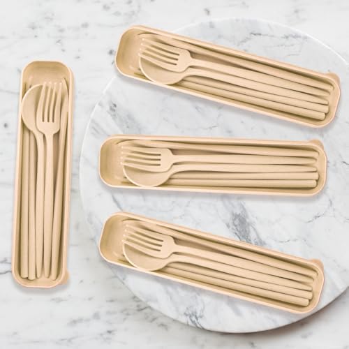 4 Sets Reusable Utensils Set with Case,Camping Cutlery Set Travel Silverware Set with Case Lunch Utensils Set for Work,Utensil Sets for Lunch Picnic Daily Use Outdoor (Beige) - Image 3