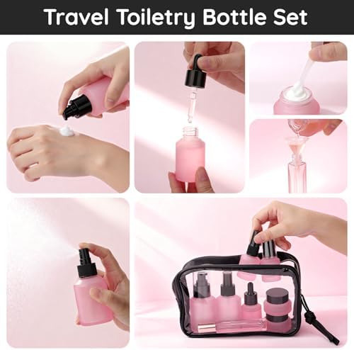 Segbeauty 8pcs Pink Travel Size Containers Set with Clear Toilet Bag, Small Travel Essentials Toiletires Skincare Containers Frosted Glass Spray Lotion Bottles, Dropper Bottle Empty Cream Jar with Lid - Image 4
