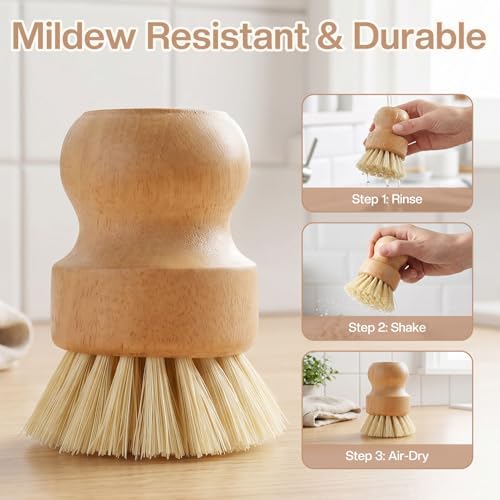 Wooden Dish Brush Handheld Bamboo Wok Brush Scrubber for Dishes Pans Pots Fruit and Veggie Washing(1,Beige) - Image 6