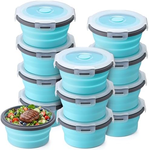 Domensi 12 Pcs Collapsible Bowls with Lids Silicone Camping Food Storage Container Foldable Expandable Folding Salad Lunch Box Leakproof Travel Container for Back to School Hiking Camping, Blue by Domensi