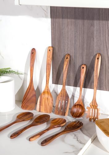 Wooden Cooking Utensils Set with Ceramic Holder,Teak Wood Utensils 10pcs - Image 6