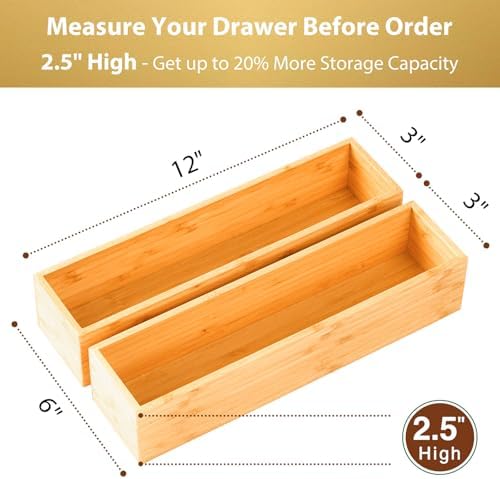 Umilife Bamboo Kitchen Drawer Organizer, Extra High Silverware Tray, Flatware Cutlery Storage Box, Multi-Use Holder in Office, Bathroom, Pantry - 12"x3"x2.5" (Set of 2) - Image 2