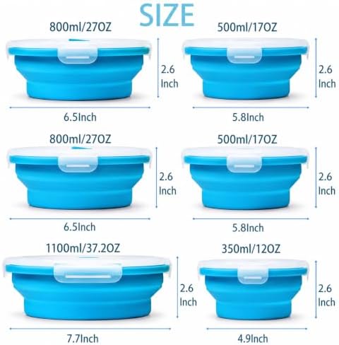 Plus 6PCS Foldable Silicone Food Storage Containers for Kitchen Storage for Leftovers Fruits and Meal Prep Dishwasher Safe Microwave Safe Ideal for Home and Travel (blue, round) - Image 2