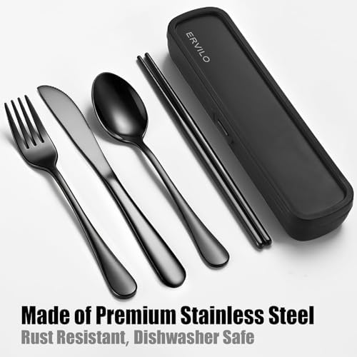 Travel Utensils with Case, Stainless Steel Portable Cutlery Set for Camping Picnic, Lunch Box Silverware for Work, Reinforced Case with Snap-Lock Closure, Include Fork Spoon Knife Chopsticks, Black - Image 2