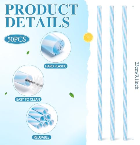 Honeydak 50 Pcs Reusable Plastic Straws Bulk,Light Blue and White Stripe - Image 2