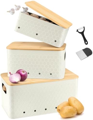 Kitchen Vegetable Storage Set of 3, Metal Onion Garlic Potato Storage Set, Kitchen Canisters Vegetable Keeper Containers with Aerating Holes and Bamboo Lid,Embossed Beige by Dekosilave